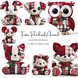Festive Patchwork Animal Clipart Bundle, Christmas Fabric Animals PNG, Cute Animal Sublimation Designs, Dog Cat Bunny Owl Fox Mouse Hedgehog