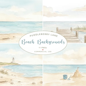 Puede incluir: Una colección de once fondos de playa en acuarela que muestran escenas costeras con arena, agua de mar, un muelle de madera, un faro y un castillo de arena con un cubo y una pala. El texto dice PUDDLEBERRY LANE Beach Backgrounds 11 PNGs.