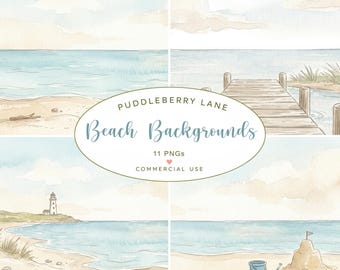 Küstenmotive, Ozean-Cliparts, Aquarell-Strand-PNG, Strandhintergrund-PNG, Meereslandschaft-Digitaldownload, Sommerstrand-Hintergründe