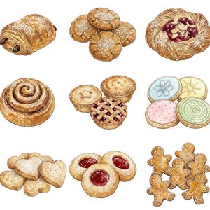 Pode incluir: Uma cole&ccedil;&atilde;o de ilustra&ccedil;&otilde;es em aguarela apresentando v&aacute;rios produtos de pastelaria, incluindo um croissant de chocolate, bolachas redondas, um folhado de fruta, um rolo de canela, pequenas tartes, bolachas decoradas, bolachas em forma de cora&ccedil;&atilde;o, bolachas de compota e bonecos de gengibre.