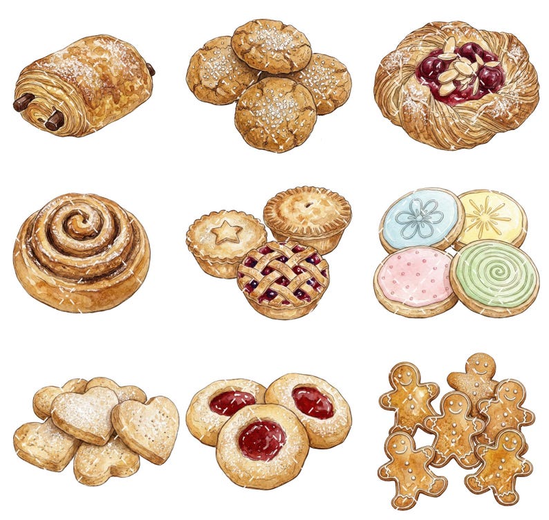 Pode incluir: Uma cole&ccedil;&atilde;o de ilustra&ccedil;&otilde;es em aguarela apresentando v&aacute;rios produtos de pastelaria, incluindo um croissant de chocolate, bolachas redondas, um folhado de fruta, um rolo de canela, pequenas tartes, bolachas decoradas, bolachas em forma de cora&ccedil;&atilde;o, bolachas de compota e bonecos de gengibre.