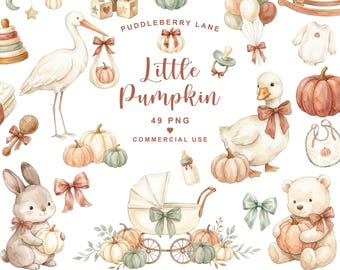 Cliparts für Babypartys mit kleinem Kürbis, Aquarell-Kürbis (PNG), niedliche Herbst-Cliparts, Herbstbaby-Cliparts (PNG), Cliparts für Babypartys im Herbst (PNG)