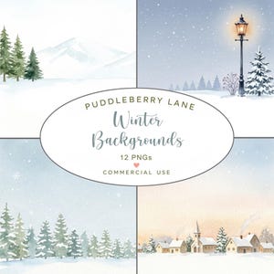 Op de afbeelding: Een verzameling van vier winterse aquarellen met besneeuwde landschappen, dennenbomen, een verlichte lantaarnpaal en een klein dorpje. De centrale ovale tekst luidt PUDDLEBERRY LANE Winter Backgrounds 12 PNGs COMMERCIAL USE.