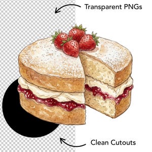 Pode incluir: Uma ilustra&ccedil;&atilde;o em aguarela de um bolo de esponja redondo com uma fatia removida. O bolo apresenta camadas de creme branco e compota vermelha, coberto com tr&ecirc;s morangos vermelhos frescos e uma leve camada de a&ccedil;&uacute;car em p&oacute; no topo.