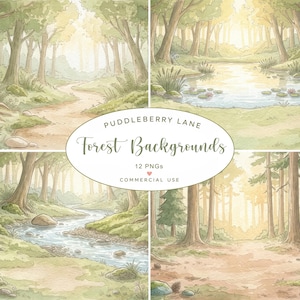 Può includere: Una collezione di quattro illustrazioni di boschi ad acquerello con un sentiero tortuoso, uno stagno con ninfee, un ruscello e una radura soleggiata. L'etichetta ovale centrale mostra il testo PUDDLEBERRY LANE Forest Backgrounds 12 PNGs.
