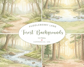 Waldhintergrund, Waldlandschaft-Hintergrund, Aquarell-Wald (PNG), Waldlandschaft-Cliparts, Waldszenen-Generator, Digitaler Download