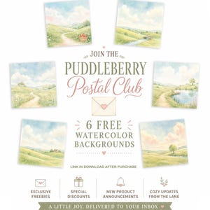 Pode incluir: Seis ilustra&ccedil;&otilde;es de paisagens em aguarela com colinas verdes, caminhos, um lago e uma ponte. O texto diz: JOIN THE PUDDLEBERRY POSTAL CLUB, 6 FREE WATERCOLOR BACKGROUNDS, LINK IN DOWNLOAD AFTER PURCHASE, EXCLUSIVE FREEBIES, SPECIAL DISCOUNTS, NEW PRODUCT ANNOUNCEMENTS, COZY UPDATES FROM THE LANE, A LITTLE JOY, DELIVERED TO YOUR INBOX.