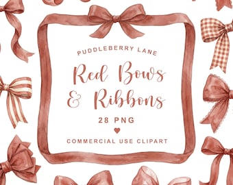 Rote Schleife (PNG-Bundle), Weihnachtsschleife (PNG) & rotes Band (Clipart), verspielte Vichy-Schleifen für Einladungen, Geschenkanhänger und Weihnachtsdekoration