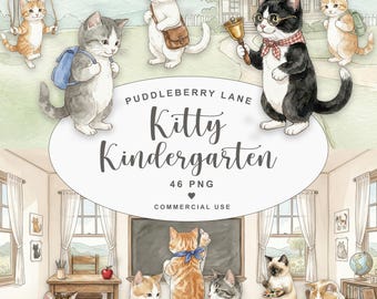 Schulanfangs-Katzen-Cliparts, Aquarell-Kätzchen auf dem Schulweg (PNG), Kindergarten-Kätzchen-Cliparts, Klassenzimmer-Cliparts, kommerzielle Nutzung