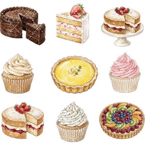Pode incluir: Uma cole&ccedil;&atilde;o de nove ilustra&ccedil;&otilde;es em aquarela apresentando v&aacute;rias sobremesas, incluindo um bolo de chocolate, bolo de morango, cupcake de baunilha, torta de lim&atilde;o, cupcake rosa, bolo de frutas vermelhas, cupcake com granulado e uma torta de frutas.