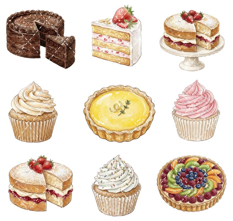 Pode incluir: Uma cole&ccedil;&atilde;o de nove ilustra&ccedil;&otilde;es em aquarela apresentando v&aacute;rias sobremesas, incluindo um bolo de chocolate, bolo de morango, cupcake de baunilha, torta de lim&atilde;o, cupcake rosa, bolo de frutas vermelhas, cupcake com granulado e uma torta de frutas.