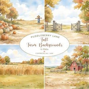 Könnte beinhalten: Eine Sammlung von vier Aquarellillustrationen mit herbstlichen Bauernhofszenen, Kürbissen, einer Vogelscheuche, einem Holztor, einem Weizenfeld und einer roten Scheune. Der zentrale Text lautet PUDDLEBERRY LANE Fall Farm Backgrounds 15 PNGs COMMERCIAL USE.