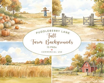 Herbstliche Bauernhoflandschaft (Aquarell), Herbsthintergrund-Clipart, Herbstbauernhof (PNG), Bauernhofhintergrund, Herbstliche Landschafts-Clipart (PNG)