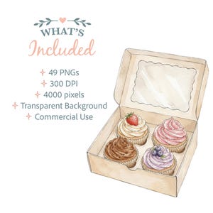 Pode incluir: Uma ilustra&ccedil;&atilde;o em aguarela de uma caixa de cart&atilde;o aberta contendo quatro cupcakes com coberturas de cores diferentes, incluindo um com um morango e outro com mirtilos. O texto diz: WHAT'S Included, 49 PNGs, 300 DPI, 4000 pixels, Transparent Background, Commercial Use.