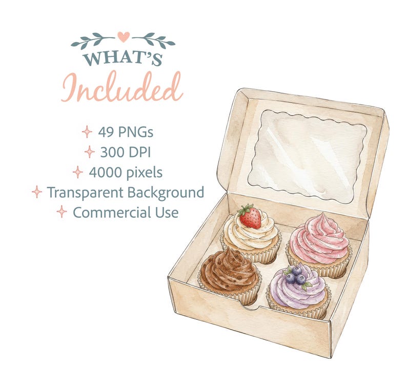 Pode incluir: Uma ilustra&ccedil;&atilde;o em aguarela de uma caixa de cart&atilde;o aberta contendo quatro cupcakes com coberturas de cores diferentes, incluindo um com um morango e outro com mirtilos. O texto diz: WHAT'S Included, 49 PNGs, 300 DPI, 4000 pixels, Transparent Background, Commercial Use.