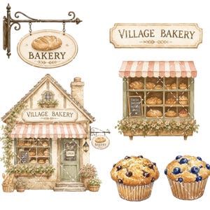 Pode incluir: Uma cole&ccedil;&atilde;o de ilustra&ccedil;&otilde;es em aquarela apresentando um edif&iacute;cio de padaria com um toldo listrado, uma placa suspensa com a inscri&ccedil;&atilde;o BAKERY, uma placa retangular com VILLAGE BAKERY, uma prateleira de exibi&ccedil;&atilde;o e dois muffins, um com gotas de chocolate e outro com mirtilos.