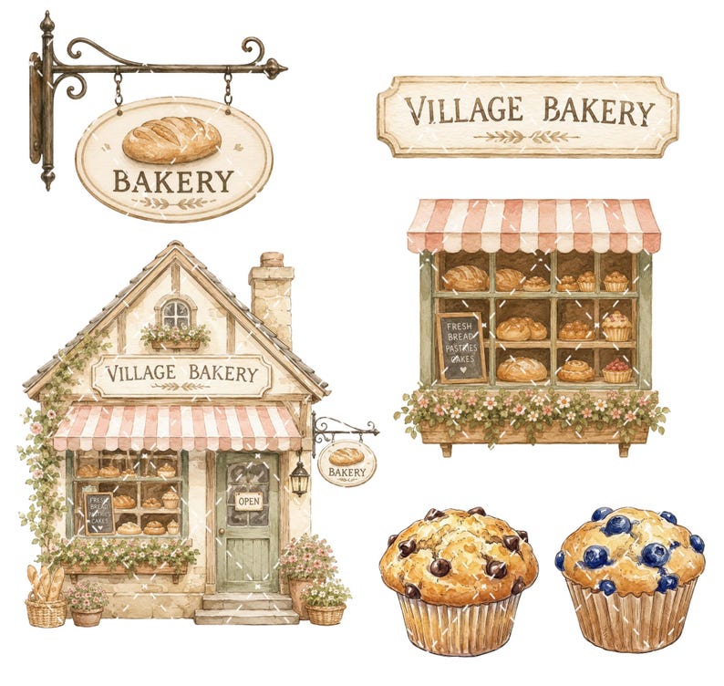 Pode incluir: Uma cole&ccedil;&atilde;o de ilustra&ccedil;&otilde;es em aquarela apresentando um edif&iacute;cio de padaria com um toldo listrado, uma placa suspensa com a inscri&ccedil;&atilde;o BAKERY, uma placa retangular com VILLAGE BAKERY, uma prateleira de exibi&ccedil;&atilde;o e dois muffins, um com gotas de chocolate e outro com mirtilos.