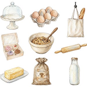 Pode incluir: Uma cole&ccedil;&atilde;o de artigos de panifica&ccedil;&atilde;o, incluindo um suporte para bolos de vidro, uma caixa com seis ovos castanhos, um saco de lona com uma baguete, uma caixa com quatro cupcakes, uma tigela com massa e uma colher de pau, um rolo da massa, um bloco de manteiga, um saco de farinha e uma garrafa de leite.