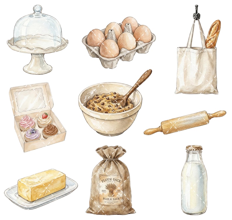 Pode incluir: Uma cole&ccedil;&atilde;o de artigos de panifica&ccedil;&atilde;o, incluindo um suporte para bolos de vidro, uma caixa com seis ovos castanhos, um saco de lona com uma baguete, uma caixa com quatro cupcakes, uma tigela com massa e uma colher de pau, um rolo da massa, um bloco de manteiga, um saco de farinha e uma garrafa de leite.