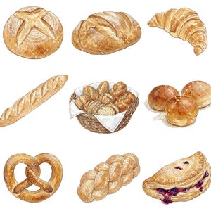 Pode incluir: Uma cole&ccedil;&atilde;o de ilustra&ccedil;&otilde;es em aguarela com v&aacute;rios produtos de padaria, incluindo um p&atilde;o redondo, um p&atilde;o oval, um croissant, uma baguete, um cesto entran&ccedil;ado com p&atilde;ezinhos variados, tr&ecirc;s p&atilde;es pequenos, um pretzel, um p&atilde;o tran&ccedil;ado e um folhado de frutos silvestres.
