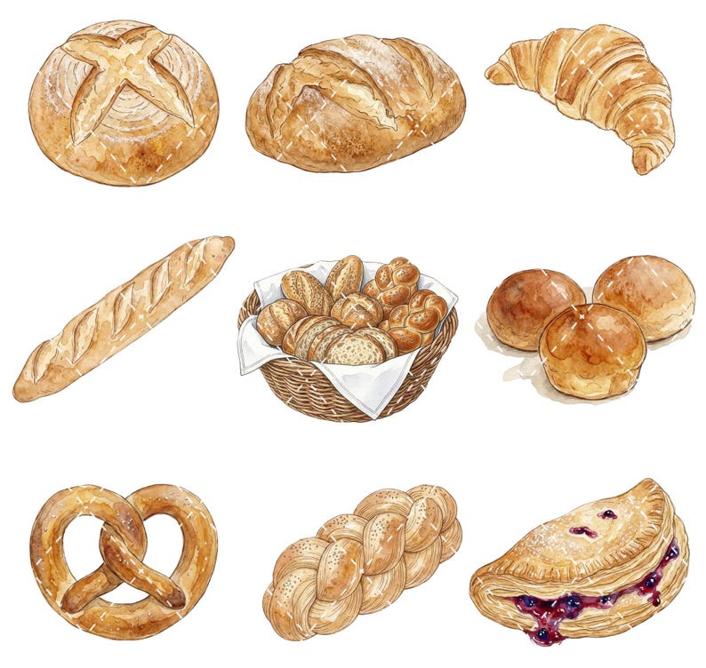 Pode incluir: Uma cole&ccedil;&atilde;o de ilustra&ccedil;&otilde;es em aguarela com v&aacute;rios produtos de padaria, incluindo um p&atilde;o redondo, um p&atilde;o oval, um croissant, uma baguete, um cesto entran&ccedil;ado com p&atilde;ezinhos variados, tr&ecirc;s p&atilde;es pequenos, um pretzel, um p&atilde;o tran&ccedil;ado e um folhado de frutos silvestres.