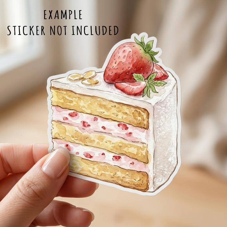 Pode incluir: Um adesivo recortado com uma ilustra&ccedil;&atilde;o em aquarela de uma fatia de bolo de morango com cobertura branca, tr&ecirc;s camadas de p&atilde;o de l&oacute; dourado, recheio de fruta rosa e um morango fresco no topo. O texto diz EXAMPLE STICKER NOT INCLUDED.