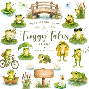 Groda Clipart Bundle, Groda PNG, Söt Groda Barnkammare Clipart, Sommar Damm Clipart, Näckrosblad, Trollsländor, Digital Nedladdning, Kommersiellt Bruk