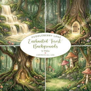 Op de afbeelding: Een verzameling van vier digitale bosachtergronden met een waterval, boomwoningen met houten deuren en grote paddenstoelen. De centrale tekst luidt PUDDLEBERRY LANE Enchanted Forest Backgrounds 12 PNGs COMMERCIAL USE.