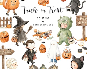 Süßes oder Saures PNG-Bundle, Halloween-Kinder & Süßigkeiten PNG, niedliche Aquarell-Cliparts für Partyeinladungen, Aufkleber, Bastelarbeiten und Sublimation