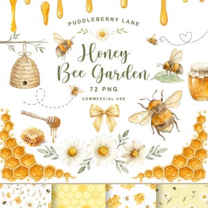 Könnte beinhalten: Eine digitale Sammlung von Aquarellillustrationen mit Honigbienen, Bienenstöcken, Waben, Gänseblümchen und Honigtropfen. Der Text lautet PUDDLEBERRY LANE Honey Bee Garden 72 PNG COMMERCIAL USE. Enthält vier nahtlose Muster mit Bienen und Blumen.