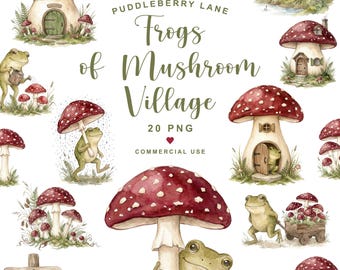 Frosch-PNG, Pilz-PNG, Frosch-Clipart, Cottagecore-Frosch, Niedlicher Frosch-PNG, Pilzhaus-Clipart, Froschgrafik, Frösche und Pilze fürs Kinderzimmer