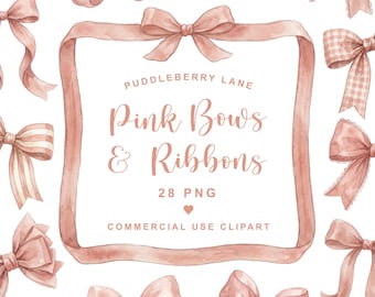 Clipart-Bundle mit rosa Schleifen, verspielte Schleifen und Bänder (PNG), Vintage-Aquarell-Grafiken mit rosa Schleifen für Einladungen, Babypartys und Kinderzimmer