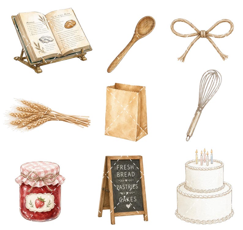 Pode incluir: Uma cole&ccedil;&atilde;o de ilustra&ccedil;&otilde;es em aquarela apresentando um livro de receitas aberto em um suporte, uma colher de pau, um la&ccedil;o de barbante, espigas de trigo, um saco de papel pardo, um batedor de metal, um pote de geleia e um bolo branco.
