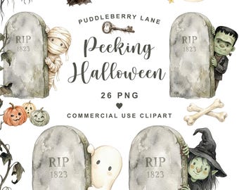 Niedliche Halloween-Aquarell-PNGs & Cliparts, Halloween-Figuren zum Vorbeischauen, skurrile Halloween-Motive, Hexe, Skelett, Geist und Frankenstein (PNG)