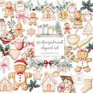 39 imagens de biscoito de gengibre, biscoitos de gengibre fofos, imagens em aquarela para imprimir, PNGs transparentes, download digital, artesanato em papel, diários de arte