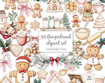 39 imagens de biscoito de gengibre, biscoitos de gengibre fofos, imagens em aquarela para imprimir, PNGs transparentes, download digital, artesanato em papel, diários de arte