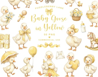 Clipart-Bundle mit Gänsemotiven für Babypartys (PNG), lustige Gänse-Cliparts, Gänse-Kinderzimmer, Kinderzimmertiere, verspielte Gänse-Partydeko für Einladungen, Gelb