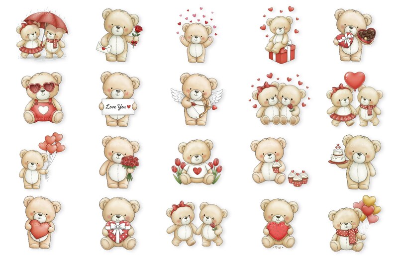 20 Valentine Teddy Bear Clipart Set, Cute Teddy Bears PNG, Love ...