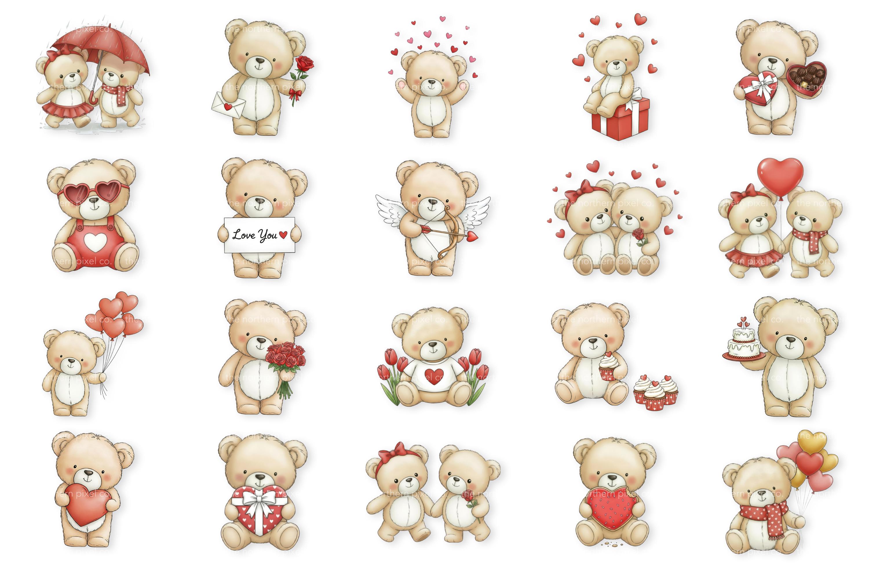 20 Valentine Teddy Bear Clipart Bundle | Cute Teddy PNG Set for Cards ...