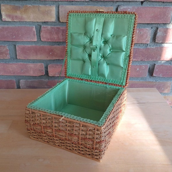 Sewing Box, Wicker & Rope, Green Satin Lining, Handmade, 1920s, Excellent Condition, Gift
