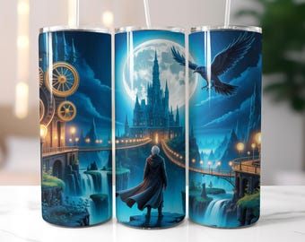 Moonlit Wizard World Tumbler Wrap, Raben und Schloss Sublimation PNG, Zauberer Tumbler Wrap, 20 Unze Skinny Tumbler Wrap, Sublimationsdesign,