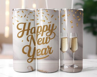 Luxus Frohes Neues Jahr Tumbler Wrap, Champagnerglas und Goldkonfetti, Neujahr Tumbler Wrap, 20 Unze Skinny Tumbler Wrap, Sublimationsdesign,