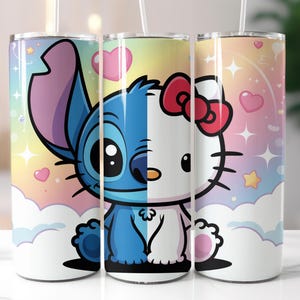 May include: Three stainless steel tumblers with a colorful design. One tumbler features Stitch, the other Hello Kitty, and the third combines both characters. The design includes hearts, stars, and a pastel rainbow background. Each tumbler has a clear straw.