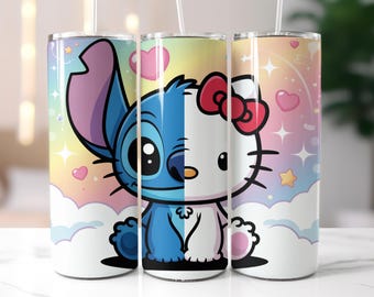 Entzückende Kitty und blaue Alien Tumbler Wrap, niedliche Cartoon Wrap PNG, Cartoon Tumbler Wrap, 20 Unzen Skinny Tumbler Wrap, Sublimationsdesign,