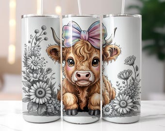 Entzückende Baby Highland Kuh Tumbler Wrap, süße flauschige Kuh mit Bögen PNG, Baby Kuh Tumbler Wrap, 20 Unze Skinny Tumbler Wrap, Sublimationsdesign,