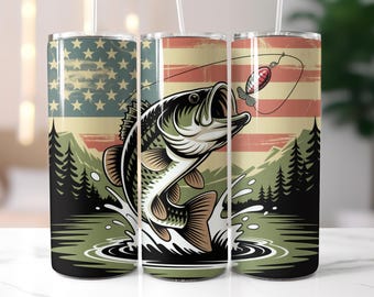 Amerikanische Flaggen-Bass-Fischen-Tumbler-Verpackung, Vaterländischer Fischer PNG, Patriotische Tumbler-Verpackung, 20 Unzen dünner Tumbler Wrap, Sublimations-Design,
