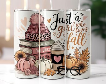 Mädchen, das Herbst Tumbler Wrap liebt, gemütlicher Herbst Girly Pumpkin Latte PNG, Herbst Vibes Tumbler Wrap, 20 Unzen Skinny Tumbler Wrap, Sublimationsdesign,