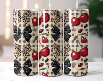 Leopard Kirsche Tumbler Wrap, glänzende Kirschen Sublimation PNG, Coquette Bow Tumbler Wrap, 20 Unze Skinny Tumbler Wrap, Sublimationsdesign,