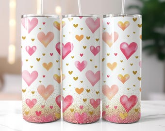 Romantische Valentine Hearts Tumbler Wrap, Pink Gold Glitter Wrap PNG, Valentines Tumbler Wrap, 20 Unze Skinny Tumbler Wrap, Sublimationsdesign,