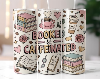 Joli papier d'emballage de verre réservé et caféiné, PNG pour les amateurs de café livresques, papier d'emballage pour les amateurs de livres, papier d'emballage skinny 20 oz, sublimation design,